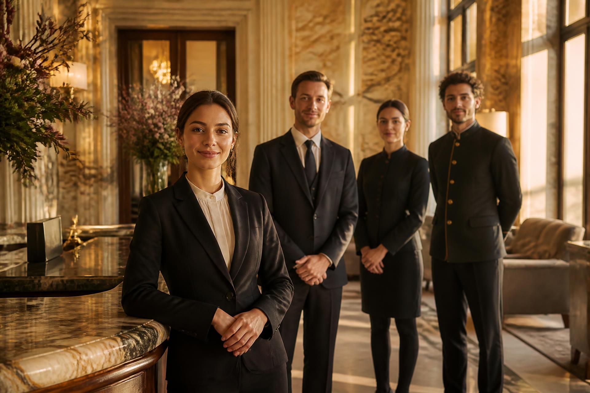 Hospitalityteam in de lobby van een luxe hotel